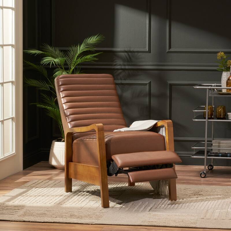 Small Wood Frame Recliner Club Chair with Retractable Footrest Living Room Lounge Armchair Upholstered Reading Chair for Bedroom