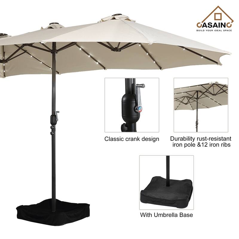 15-ft. Rectangular Crank Double-sided Outdoor Market Umbrella Solar LED Lighted Patio Umbrella with Base Included