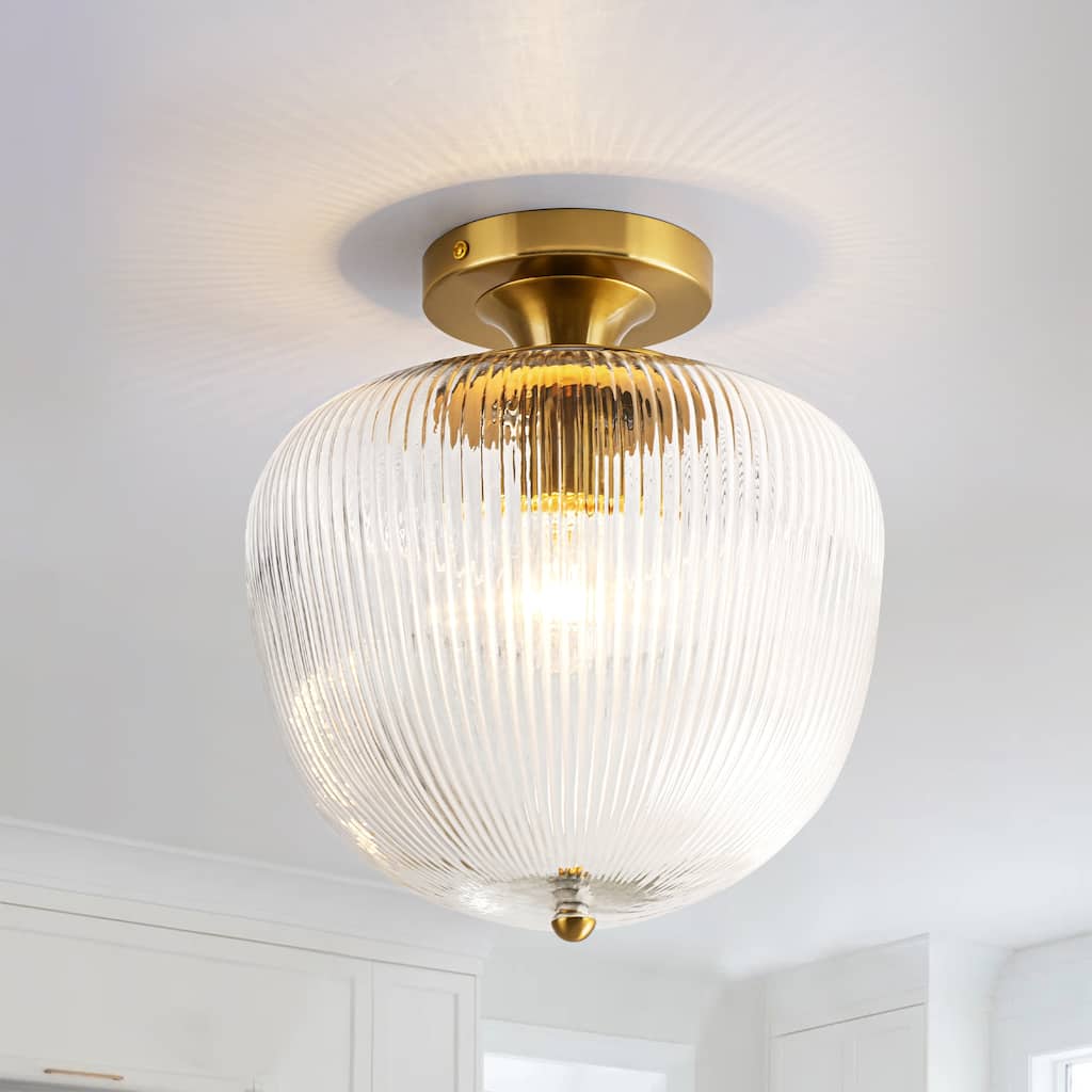 1-Light Vintage Industrial Ribbed Glass & Brass Flush Mount Ceiling Light for Bedroom - 1 Light