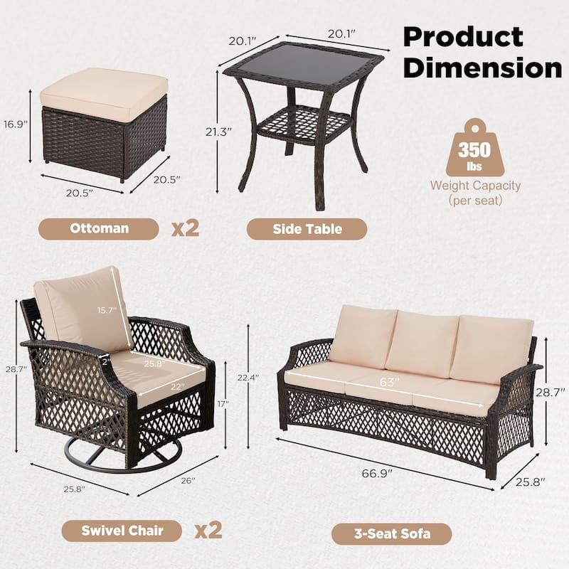 Outdoor Wicker Patio Set w Swivel Chairs & Sofa, Ottomans and Tables, Modular 3/5/6/7-Piece, All-Weather Conversation Set.
