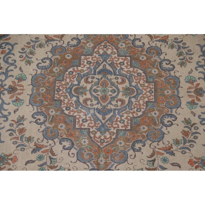 Hand Knotted Oriental 100% Wool Carpet Traditional Floral Beige & Ivories Tabriz Area Rug - 12' 9'' X 9' 9''