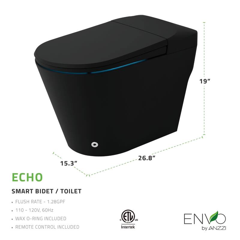ENVO Echo Elongated Smart Toilet Bidet in Matte Black with Auto Open, Auto Flush, Voice and Wifi Controls