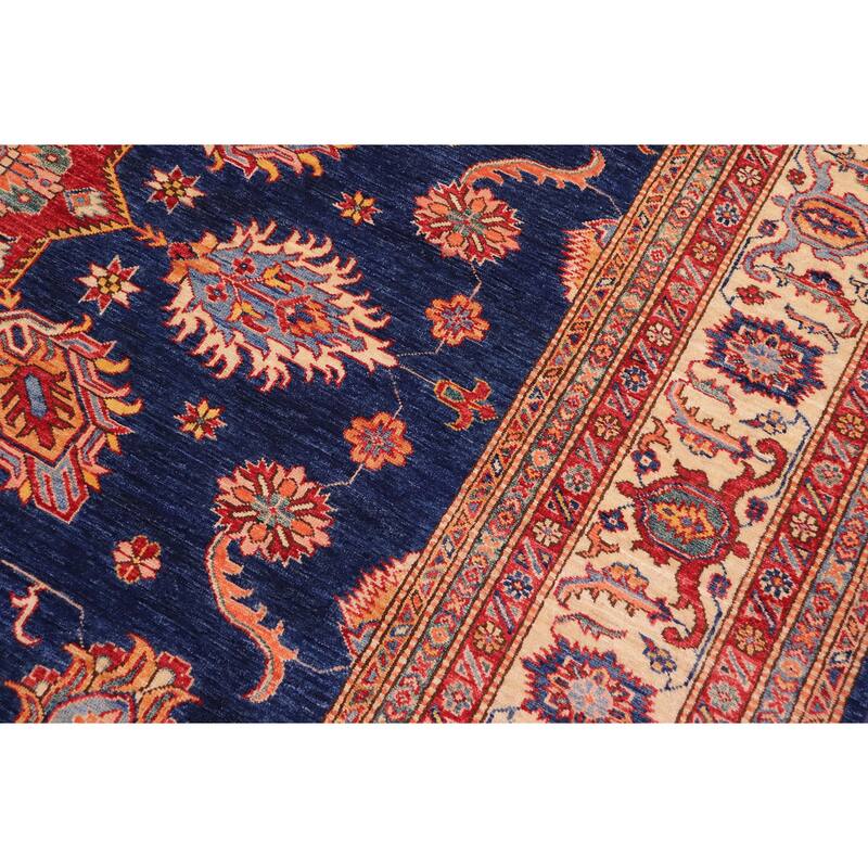 Southwestern Super Kazak Harmony Blue/Beige Hand Knotted Wool Rug - 7'11'' x 11'2''