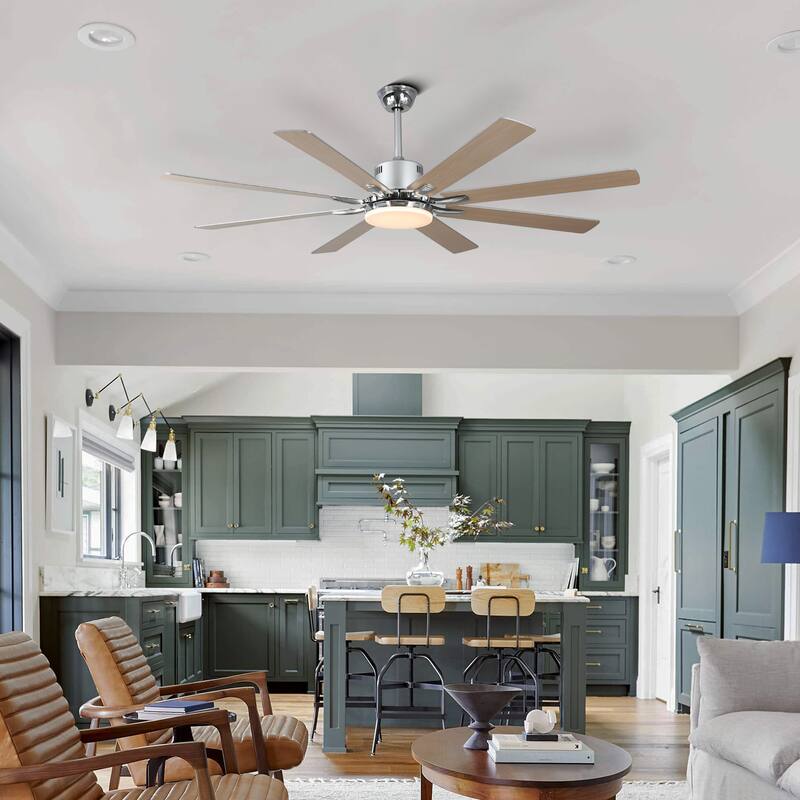 CurveCurio Large 72" Sleek Modern 8 Wood Blades Ceiling Fan with 3 Color Tone Dimmable LED Light Kit Incldued for Living Room