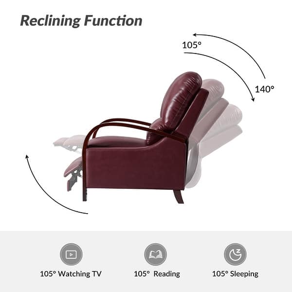 dimension image slide 3 of 14, Alex Mid-century Modern Genuine Leather Manual Recliner with Wooden Curved Arms