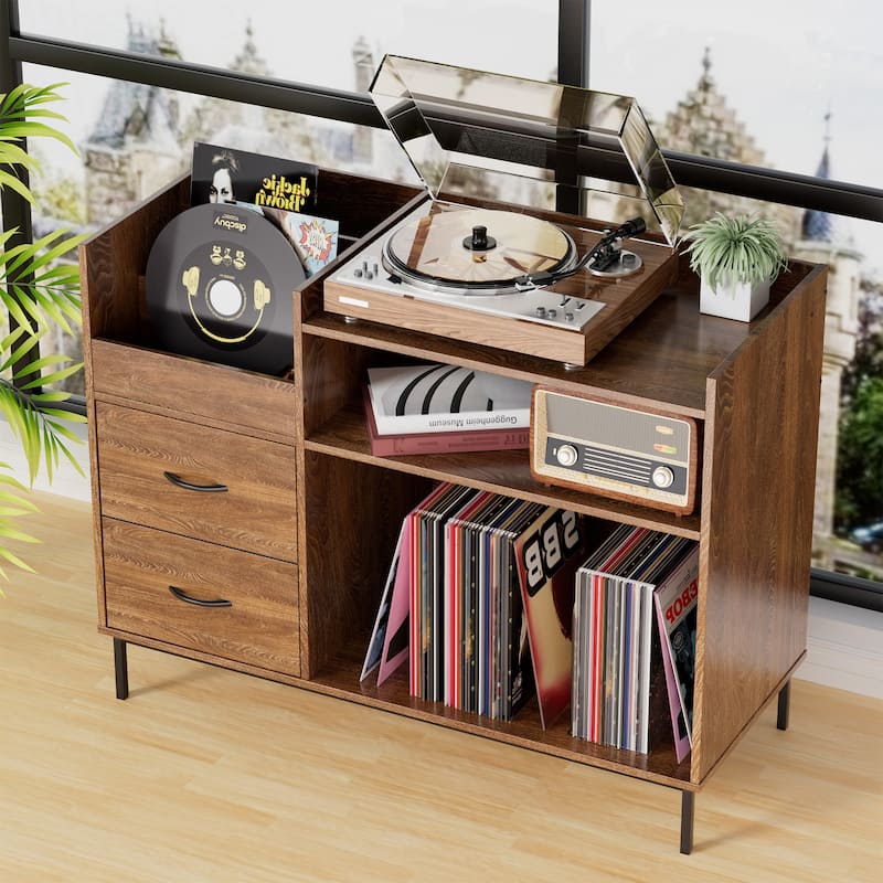 Mid-Century Modern Record Player Stand for 500+ Vinyls - Wood & Metal Audio Console with Storage & Drawers