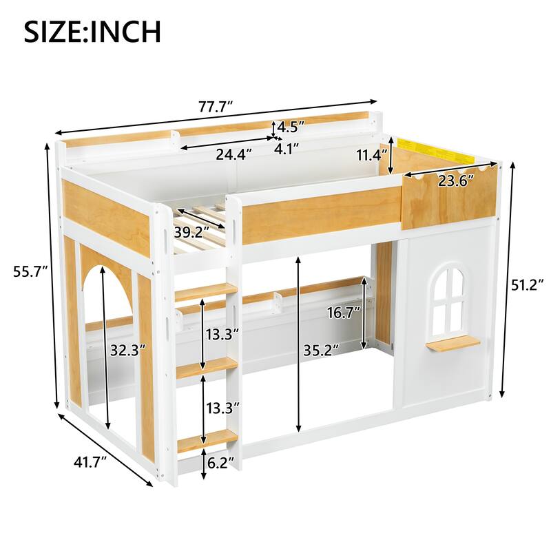 Kids Wooden Bunk Bed with Built-in Storage Shelves, Playful Window and 2 Doors