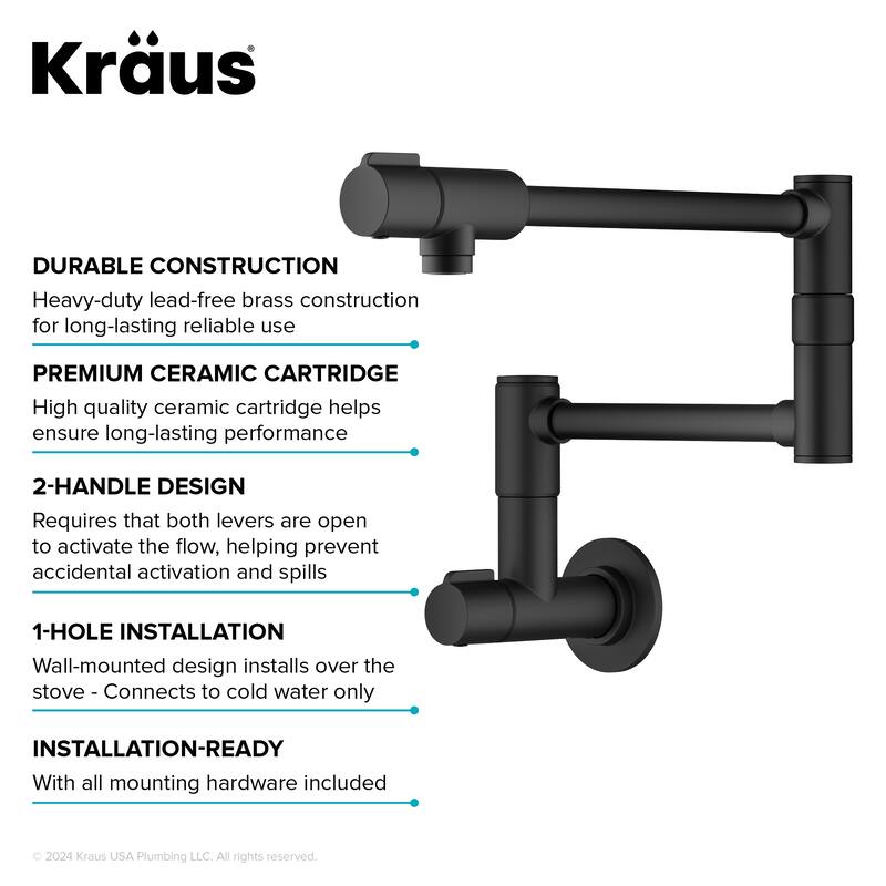 KRAUS Bolden 2 Handle Wall Mount Pot Filler Faucet w/ Retractable Arm