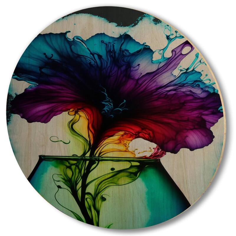 Designart "Purple And Blue Blossoming Flower" Floral Wood Wall Art - Natural Pine Wood