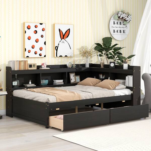 slide 2 of 25, Full Bed with L-shaped Bookcases for bedroom, Drawers Espresso
