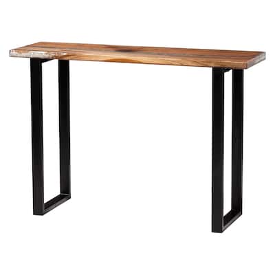 Apio Wood Epoxy Resin Console Table with Glass Inlay - Rectangular Live Edge Teak Wood Accent Table with Black Metal Base