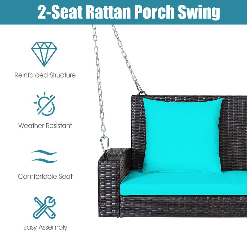 Costway 2-Person Patio Rattan Hanging Porch Swing Bench Chair Cushion