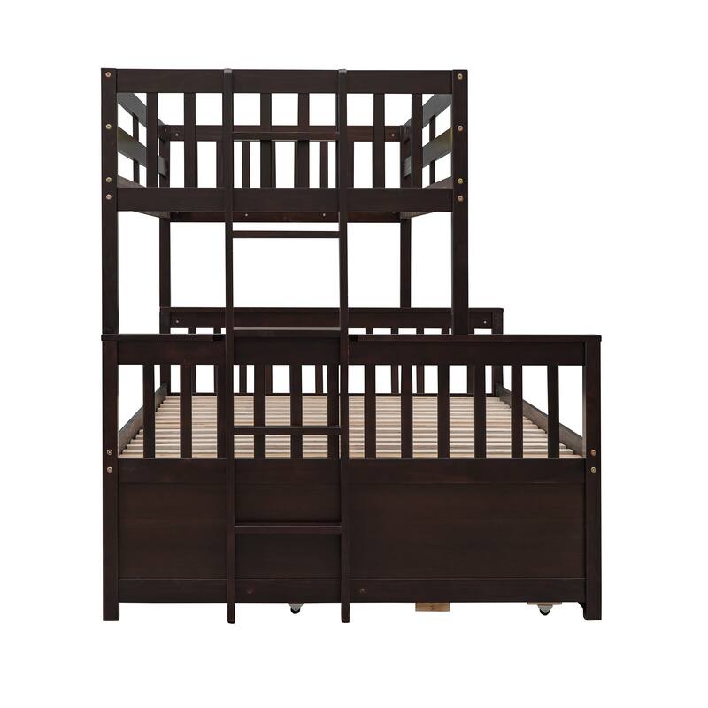 Twin-Over-Full Bunk Bed with Trundle and Drawers, Space-Saving Kids Bedroom Furniture in Espresso