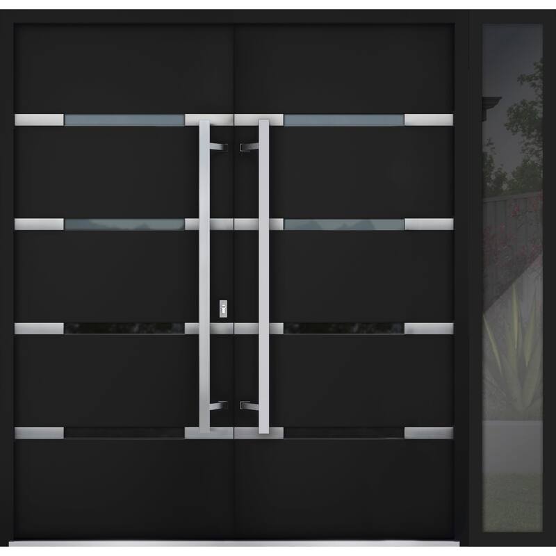 Front Prehung Double Doors 1105 Black Enamel Mirrored Glass Entry Painted Left Inswing Active Door 72x80 - Black - W72+16" x H80"
