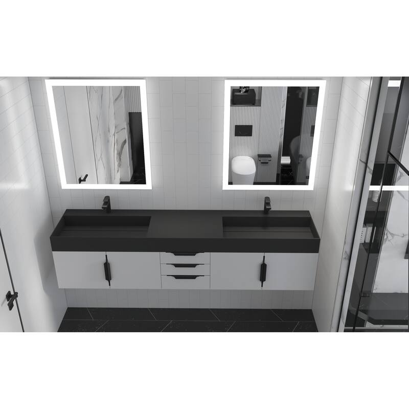 Amazon 84" Wall Mounted Double Bathroom Vanity Set w/ Black Top