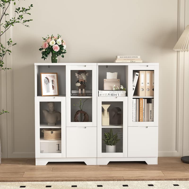 Wooden Floor Cabinet with 2 Glass Doors and 2 Storage Space,White ,Living Room Bathroom Entryway White