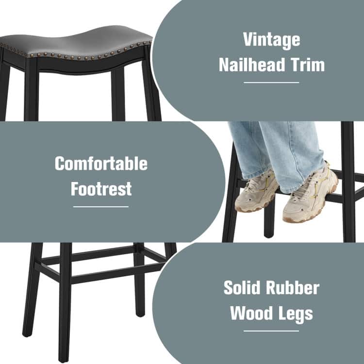 29 Inch Set of 2 Backless Wood Nailhead Barstools with PVC Leather Seat - 20" x 13" x 29" (L x W x H)