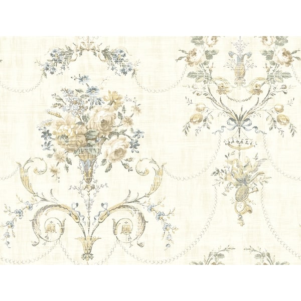 slide 2 of 4, Seabrook Designs Janen Floral Vase Unpasted Wallpaper 27 in. W x 27 ft. L - Metallic Cream & Blue Smoke