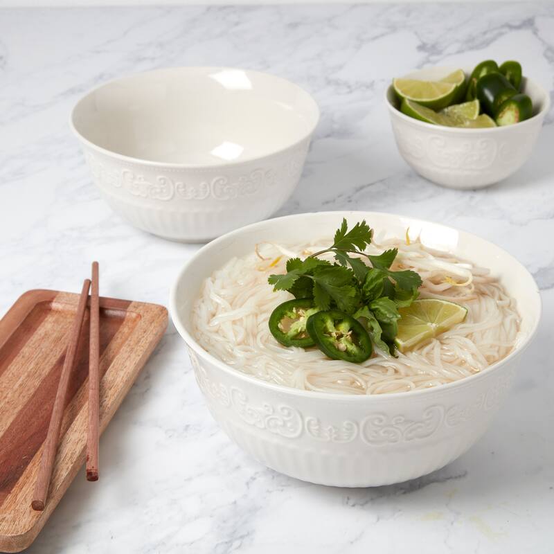 Tabletops Gallery 3 Piece Diamond Embossed White Bowl Set - 8", 7" & 5" - 8", 7", 5"