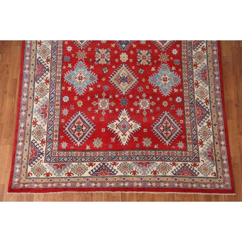 Geometric Red Kazak Area Rug Hand-Knotted Wool Carpet - 6'5" x 9'10"
