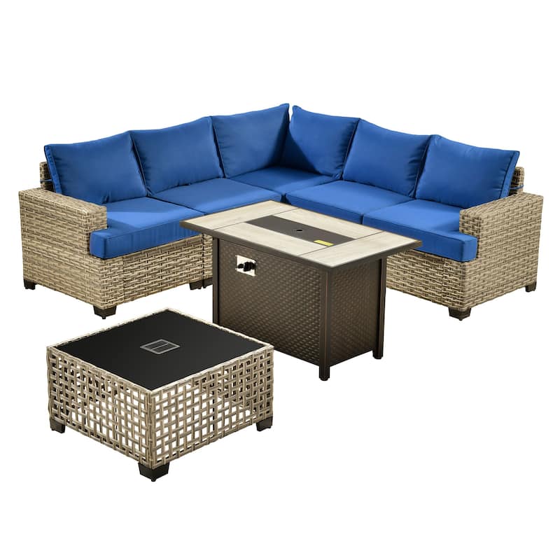 XIZZI 7 Pieces Patio Furniture Wicker Sectional Sofa Set with Fire Pit Table