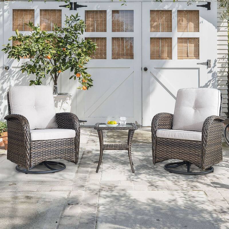 Gymojoy Outdoor 3-piece Rattan Wicker Rocking Swivel Chair Set - Mix Brown Rattan - Beige