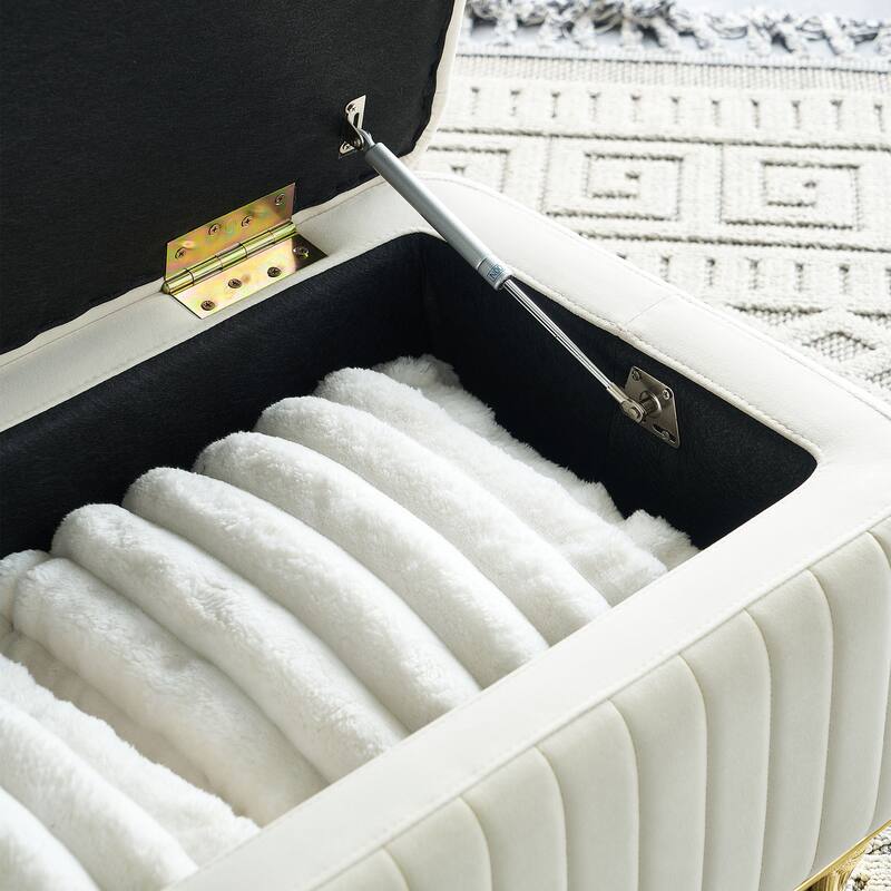 Beige Storage Bench Ottoman Bench with Safety Hinge, Footstool End of Bed Bench Vanity Bench Lounge Bench