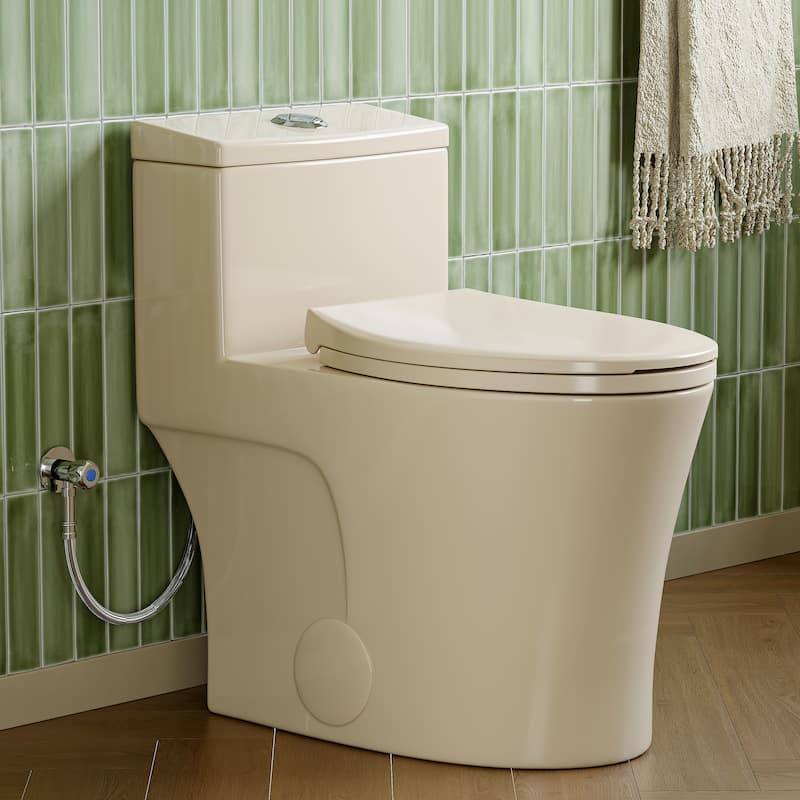 HOROW 1 Piece High Efficiency Dual Flush Elongated Toilet Biscuit 0.8 1.28 GPF Seat Included - Bisque