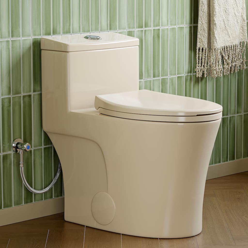 HOROW 1 Piece High Efficiency Dual Flush Elongated Toilet Biscuit 0.8 1.28 GPF Seat Included