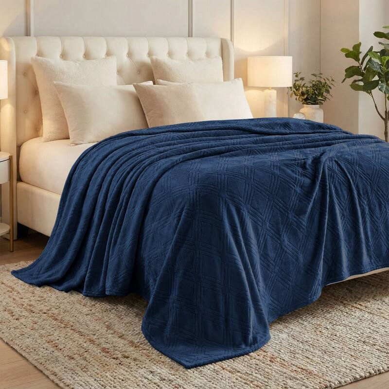 Superior Alaska Quilted Diamond Plush Fleece Blanket For Couch or Bed - King - Navy Blue
