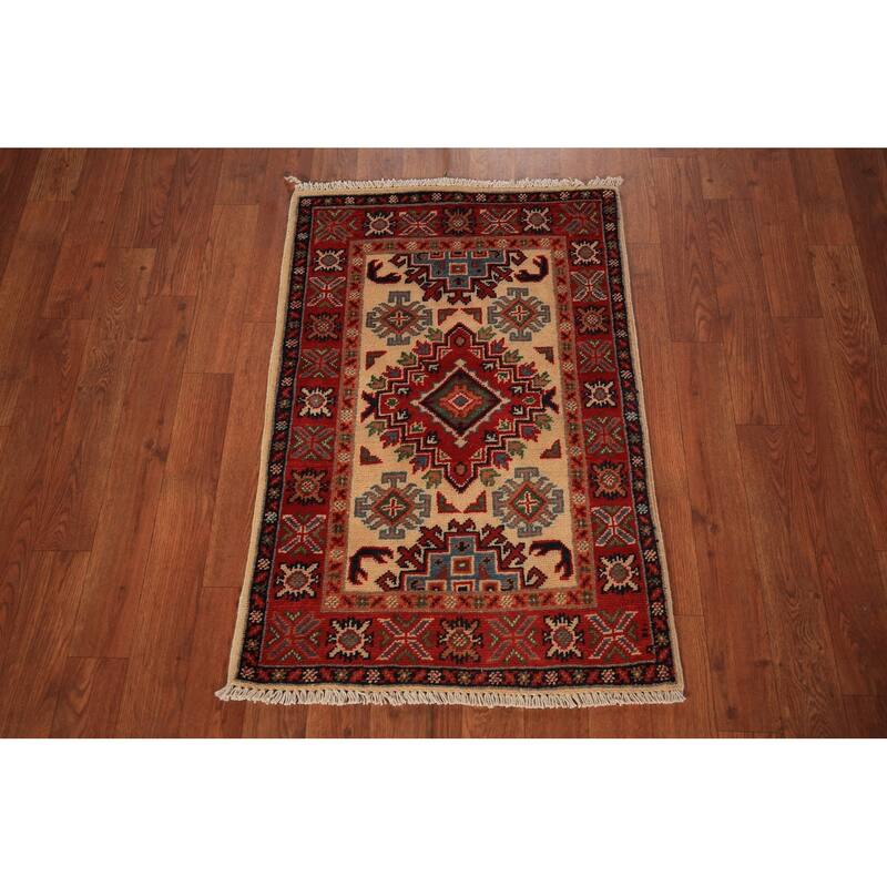 Geometric Kazak Accent Rug Hand-Knotted Wool Carpet - 2'0" x 3'0"