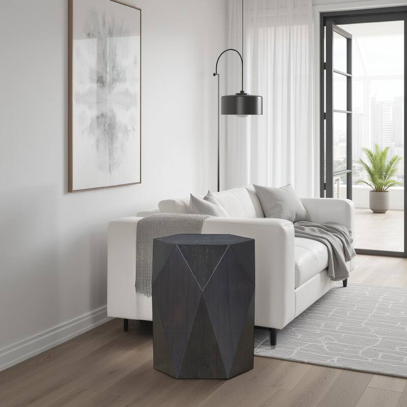 Hano Side End Table, Black Rubberwood, 22 Inch Modern Geometric Body