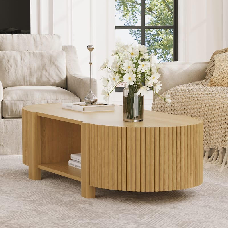 Oval Fluted Coffee Table with Storage for Living Room