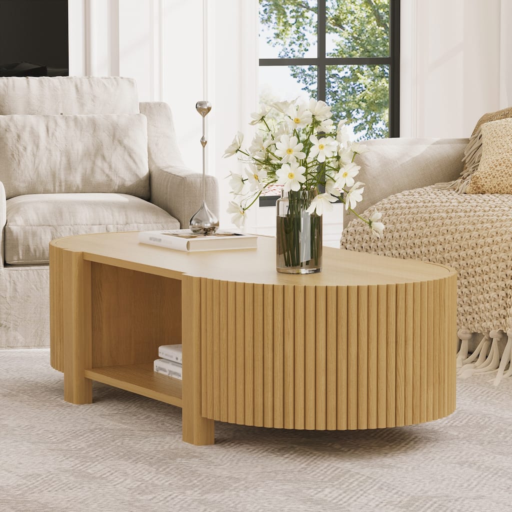 Oval Fluted Coffee Table with Storage for Living Room
