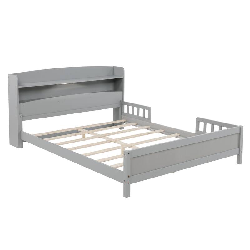 Full Size Pine Bed w/ Bookcase Headboard ,LED Sensor Light, Guardrails