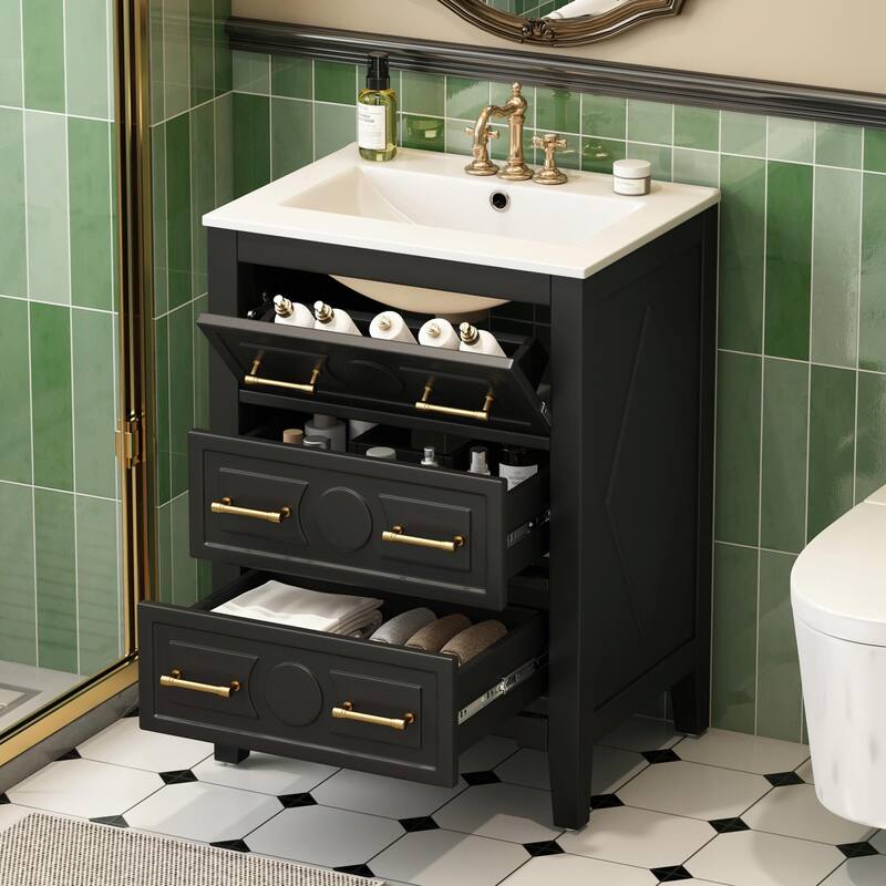 24" Bathroom Vanity with Ceramic Sink Combo, Free-Standing Single Vanity Set with 3 Drawers