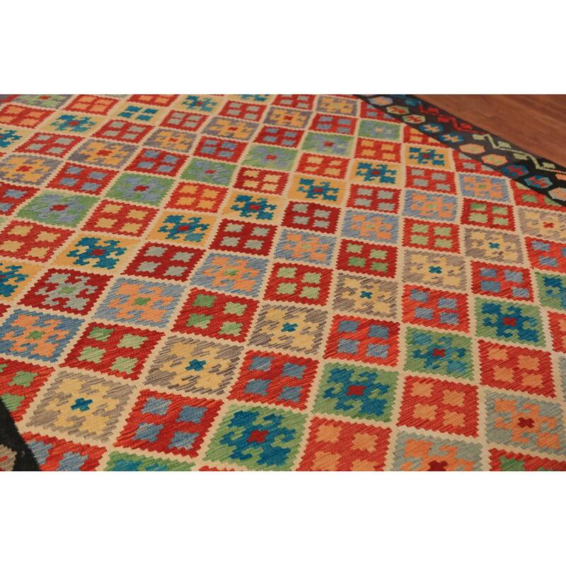 Geometric Trellis Kilim Reversible Area Rug Hand-Woven Wool Carpet - 8'4"x 11'4"