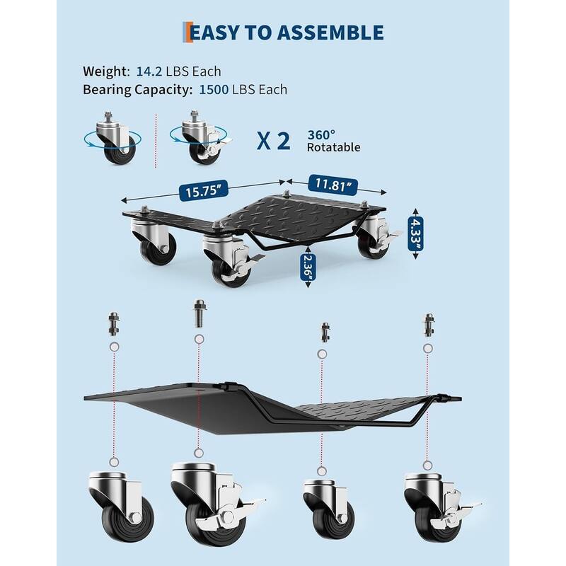 4 pcsHeavy-Duty Car Wheel Dolly Set 6000-lb Capacity with 360Degree Swivel Casters and Anti-Skid Plate Black