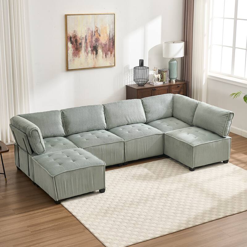 Ergonomic Lounge Modular Couch Corduroy Sectional Sofa with Deep Seat Ottoman Chaise and High-Rebound Thick Cushions