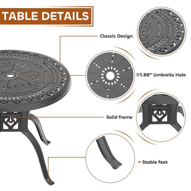 3/5-Piece Cast Aluminum Outdoor Dining Set with 31.5 in. Round Table and Seat Cushions