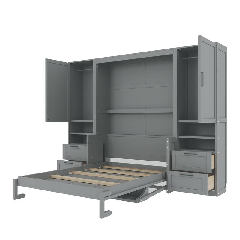 Superior Quality Full Size Murphy Bed Wall Bed with Closet, Drawers & Shelves, Multifunctional Space-Saving Solution, Gray