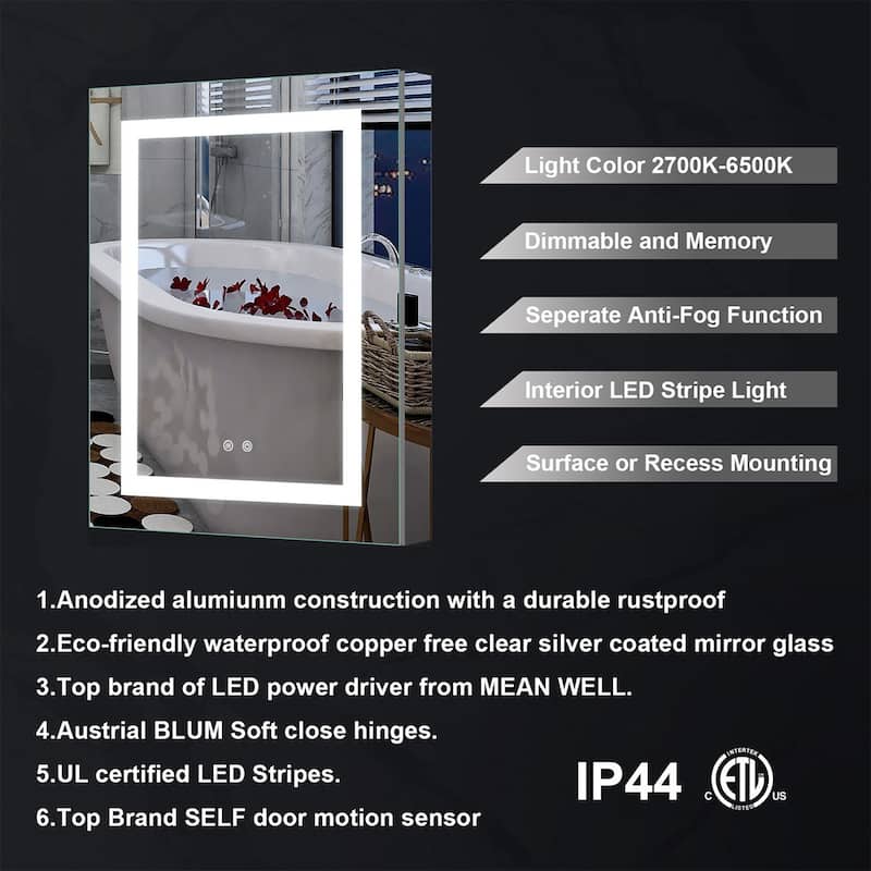 30" H Recessed or Surface LED Mirror Cabinet with Adjustable Glass Shelves,Defogger, Dimmer And Outlets & USB Ports