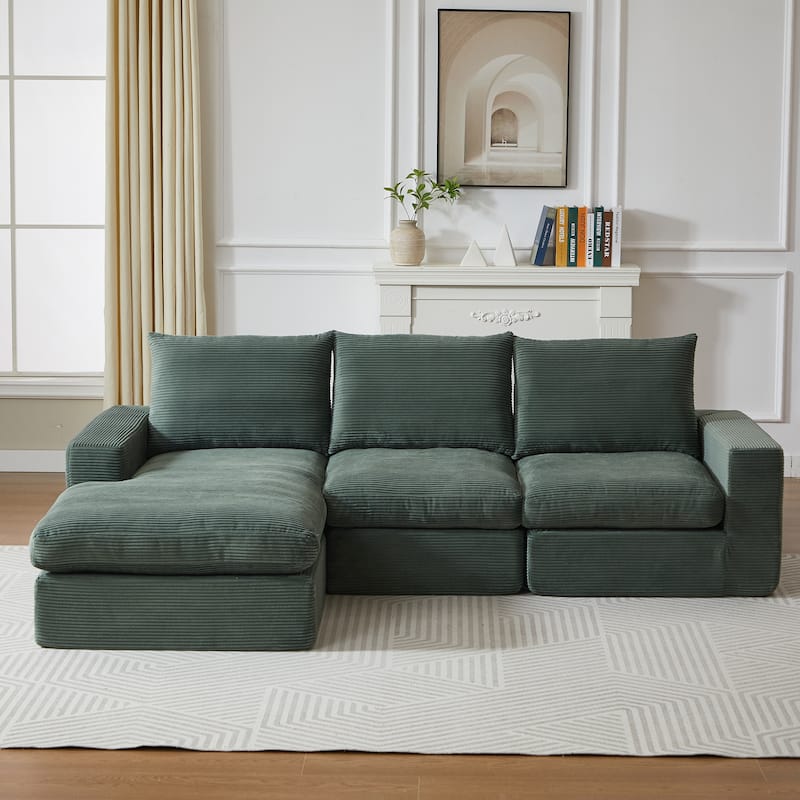 Roomfitters 99" L-Shaped Corduroy Upholstered Sectional Sofa, Modern 3-Seater Sectional Couch with Pillows, Living Room, Green
