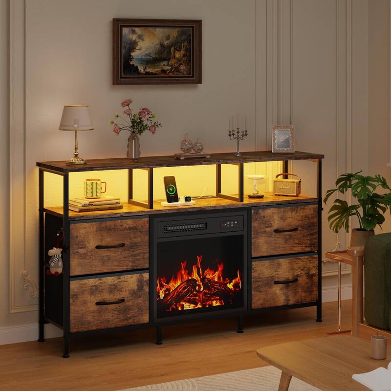 BOSSIN Fireplace TV Stand & Entertainment Center with LED Lights, 4 PU Leather Drawers, Open Shelves, and Built-in Power Outlets