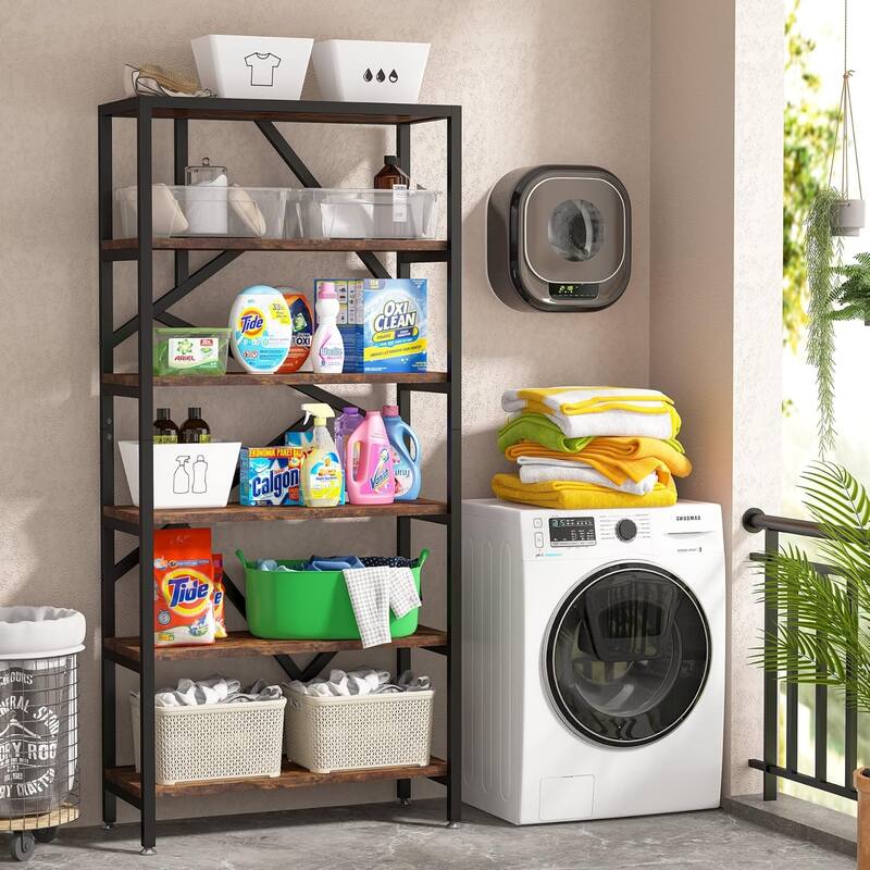 71" Industrial Bookshelf, 6 Tier Rustic Brown Wood Etagere Bookcase, Open Book Shelves