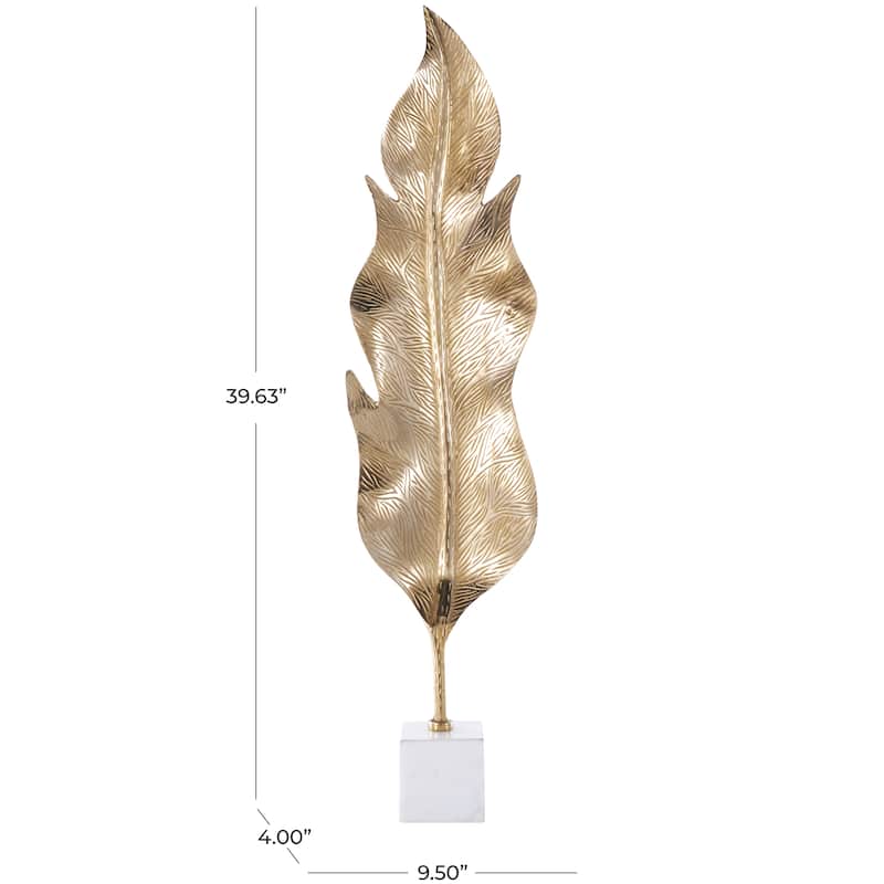 Gold Aluminum Metal Tall Textured Leaf Sculpture with White Marble Base