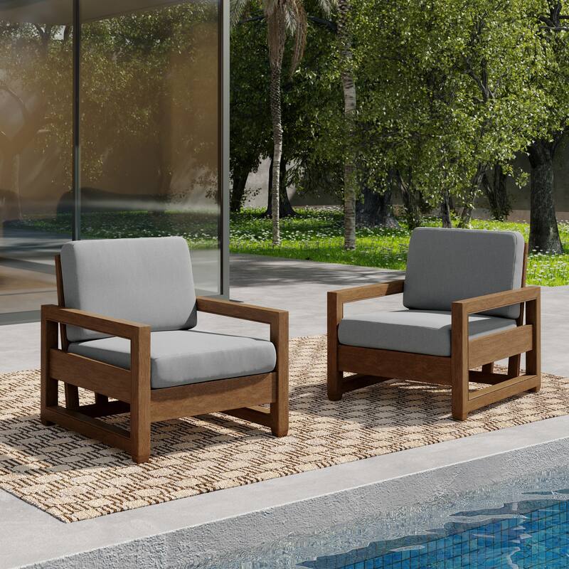 Patio Teak Wood Outdoor Arm Chair with Cushion - Natural Wood - Light Grey-Set of 2 Armchair