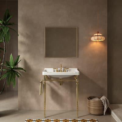 28" Bathroom Console Sink, Wall-Mounted White Ceramic Vanity Basin with 3 Pre-drilled Faucet Holes