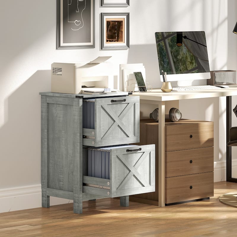 HOMCOM 2 Drawer Vertical File Cabinet with Silent Slides,Farmhouse Filing Cabinet with Barn Doors for A4/Letter Size