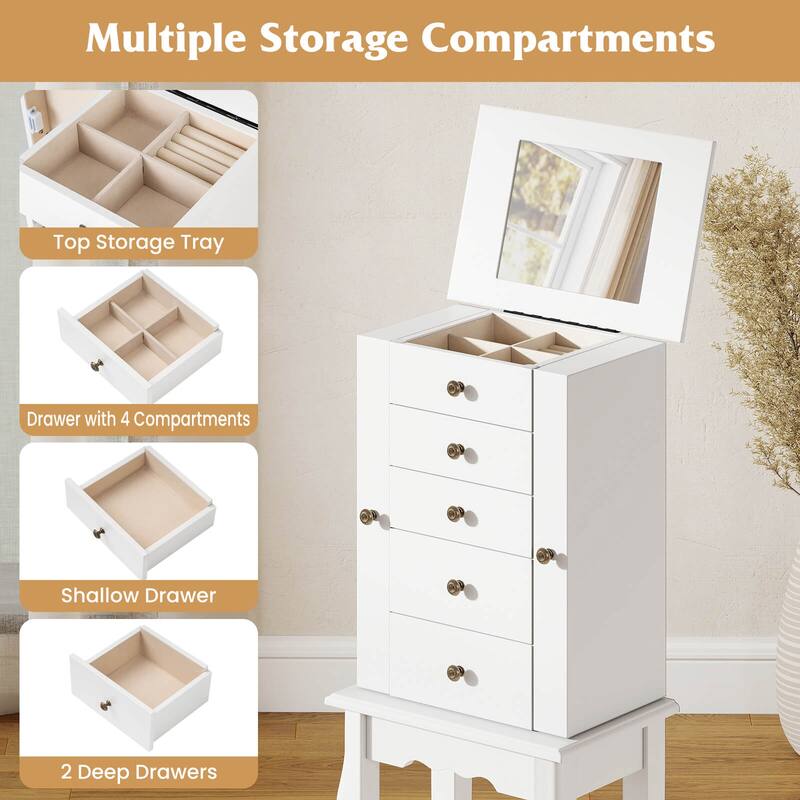 Costway Jewelry Cabinet Storage Chest Standing Organizer Mirror White - See Details